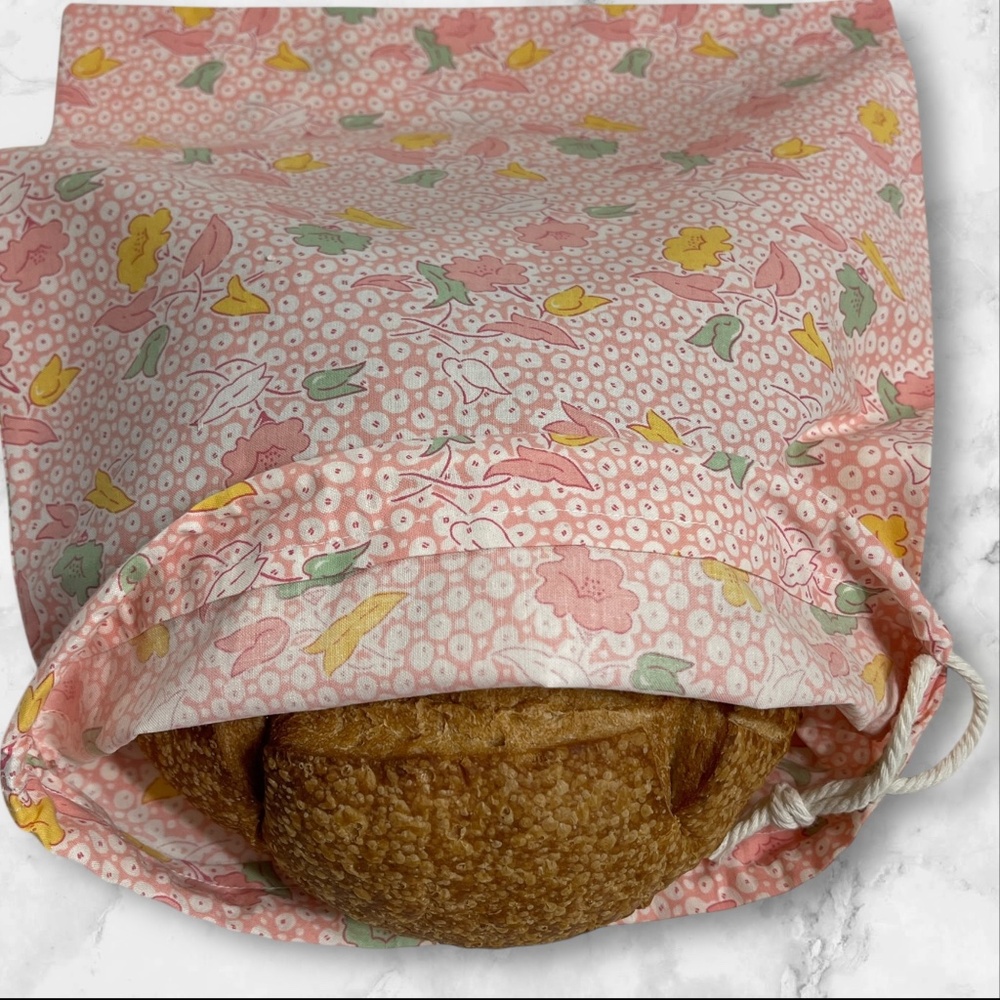 Pink Floral Cotton Linen Organic Sourdough Bread Bag, Food Storage Bag, Baker's